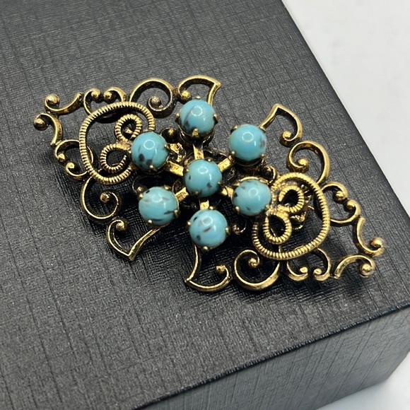 Unknown Jewelry - VTG 1950's Art Nouveau Turquoise Brooch Fashion Jewelry 2"